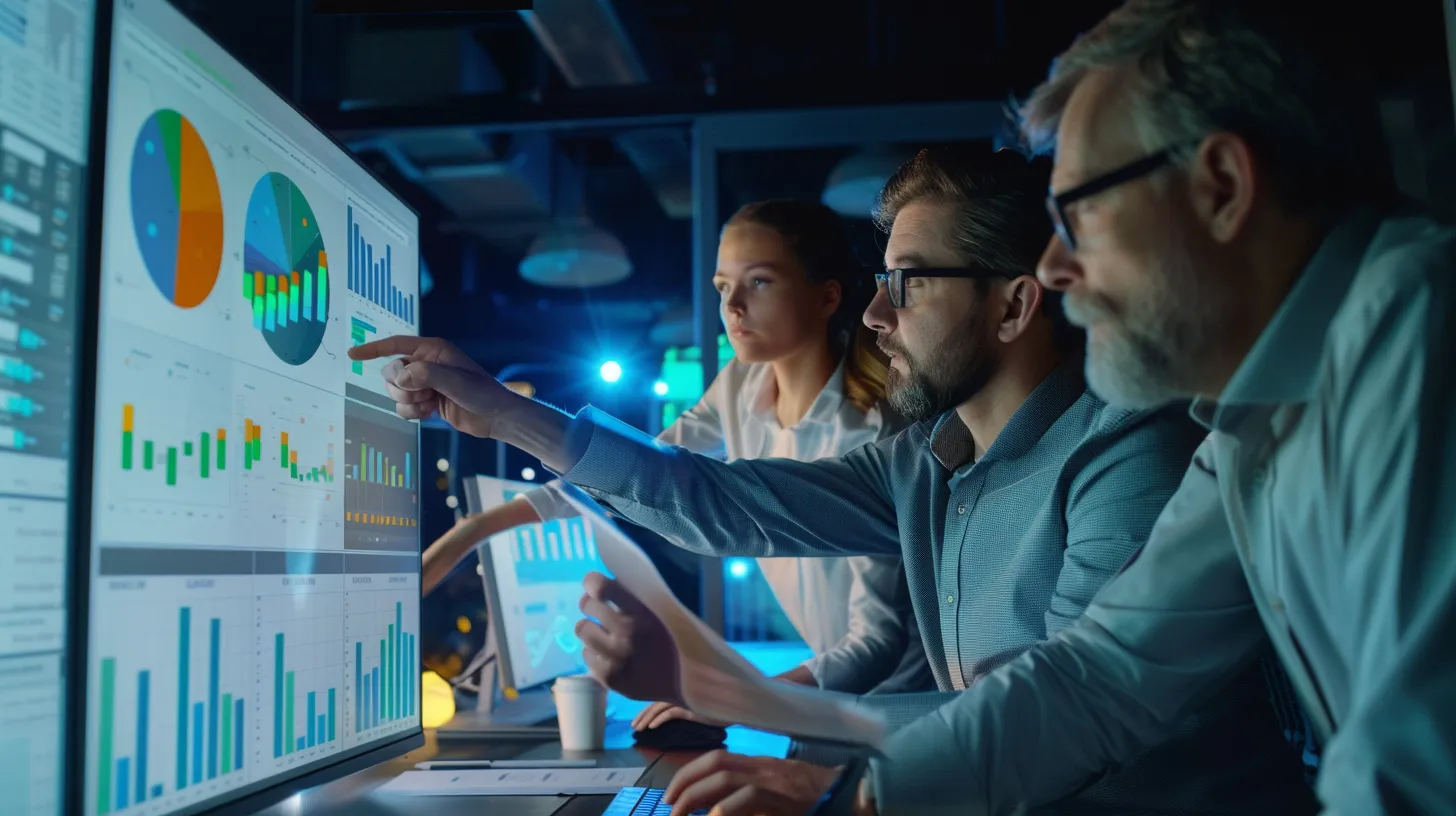 a group of marketers analyzing data on a computer screen.