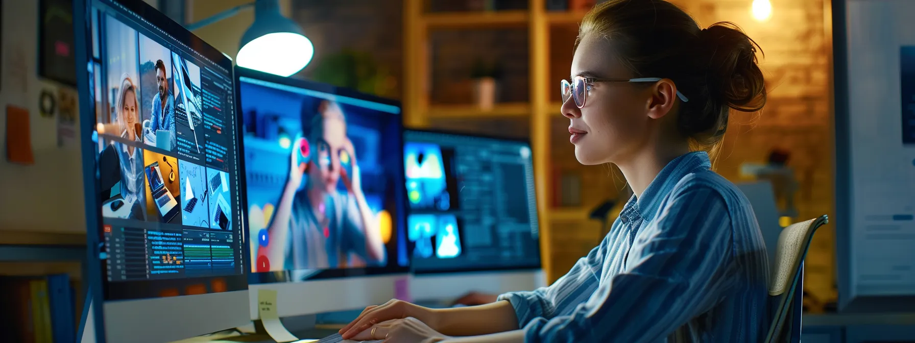 a web designer reviewing a prototype layout on a computer screen.