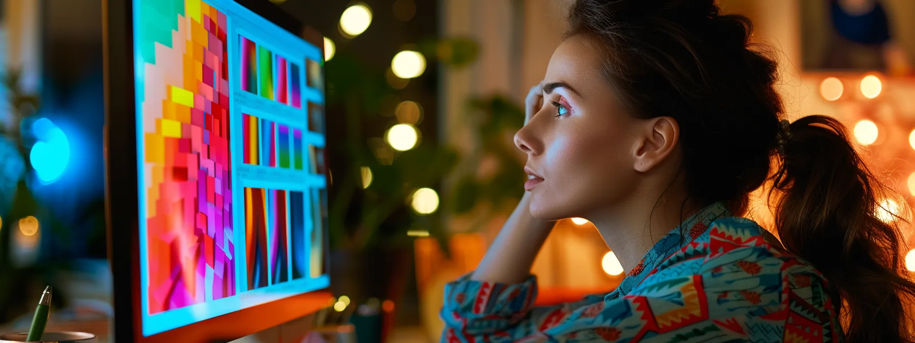 a web designer carefully selecting color schemes and layout on a computer screen.