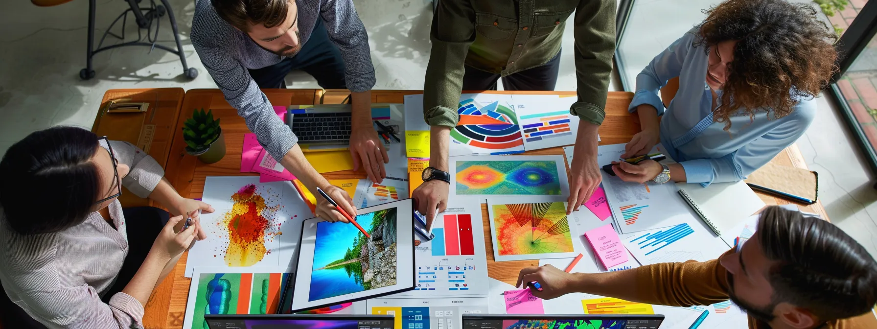 a group of designers brainstorming together, surrounded by colorful web design inspirations on computer screens.