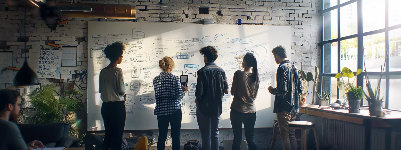 a group of people brainstorming ideas around a whiteboard filled with innovative strategies for marketing growth.