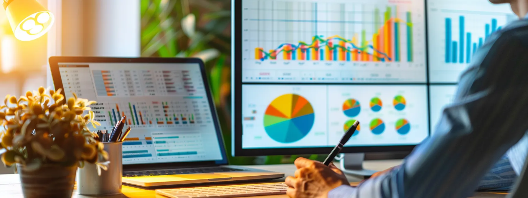 a person sitting at a desk with a computer screen displaying a variety of colorful graphs and charts related to keyword research and seo strategy.