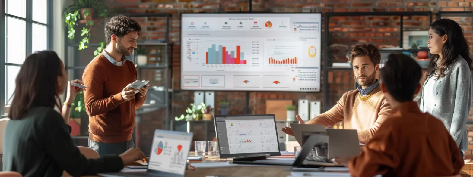 a group of people in a meeting room discussing marketing strategies and looking at analytics charts on a large screen.