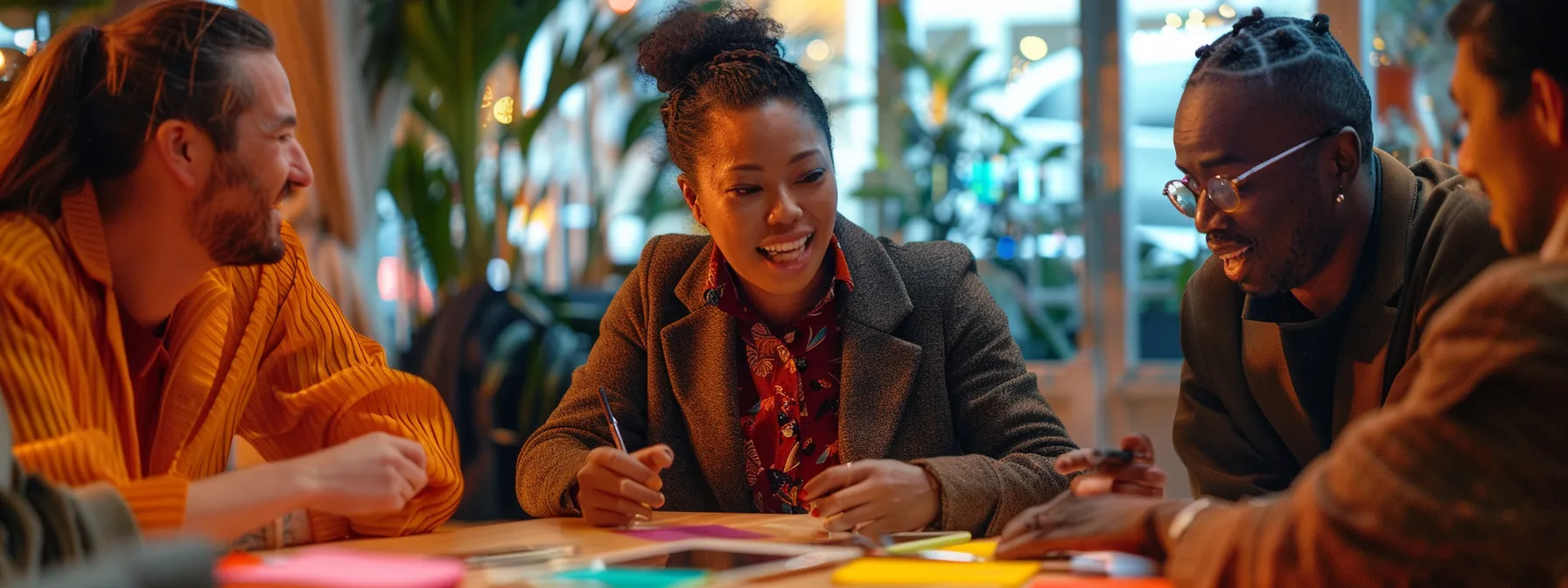 an image of a group of diverse individuals engaging in a lively discussion around a table covered in branding materials, embodying the core values and purpose of the brand.