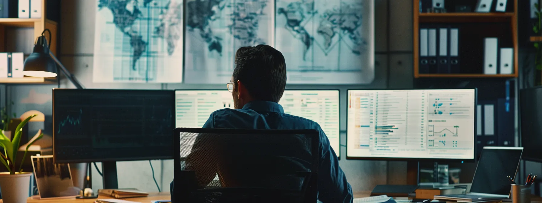 a businessman studying a detailed map of customer personas, surrounded by graphs and charts in a modern office setting.