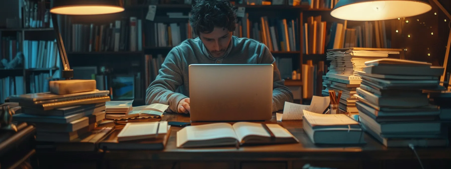 a person typing on a laptop, surrounded by stacks of books and research notes, preparing a high-quality blog post on content marketing strategy.