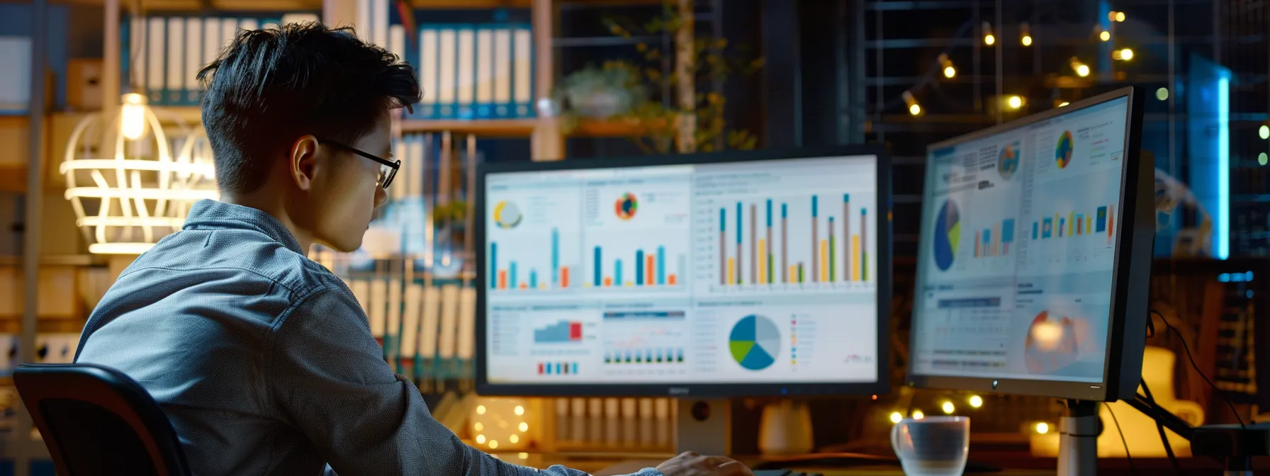 a person using a computer to analyze keywords, surrounded by colorful graphs and charts, capturing the essence of strategic seo planning.