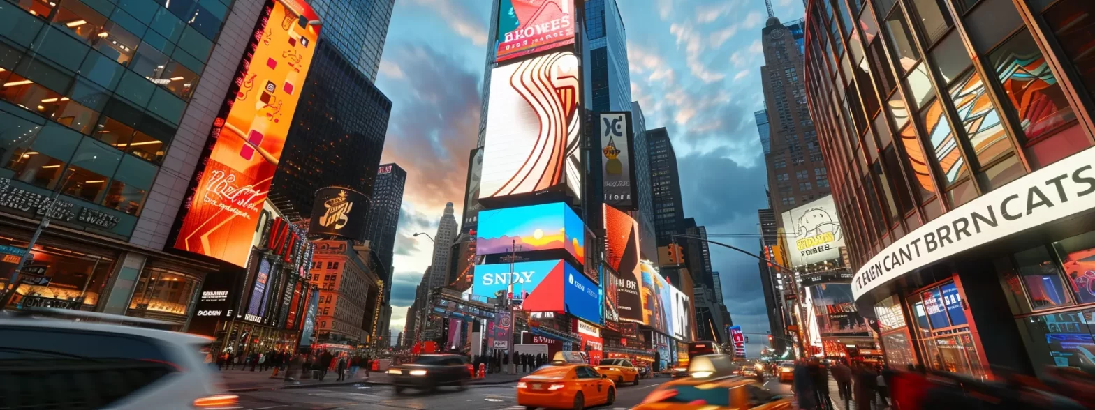 a vibrant and eye-catching billboard towering over a bustling city street, showcasing a sleek logo and bold tagline for a brand strategy campaign.