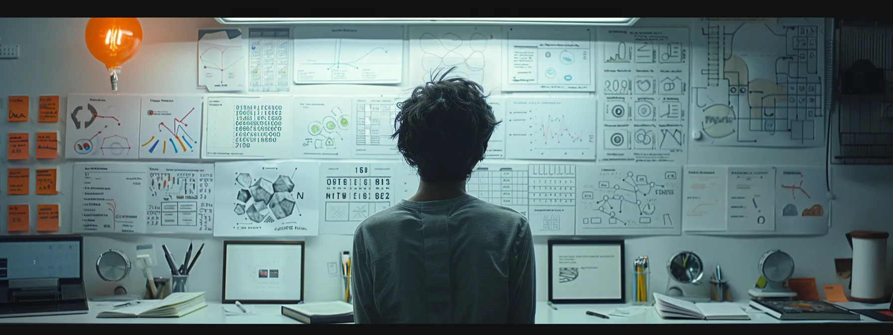 a person meticulously organizing a detailed keyword map on a whiteboard, surrounded by research notes and competitor analysis charts.