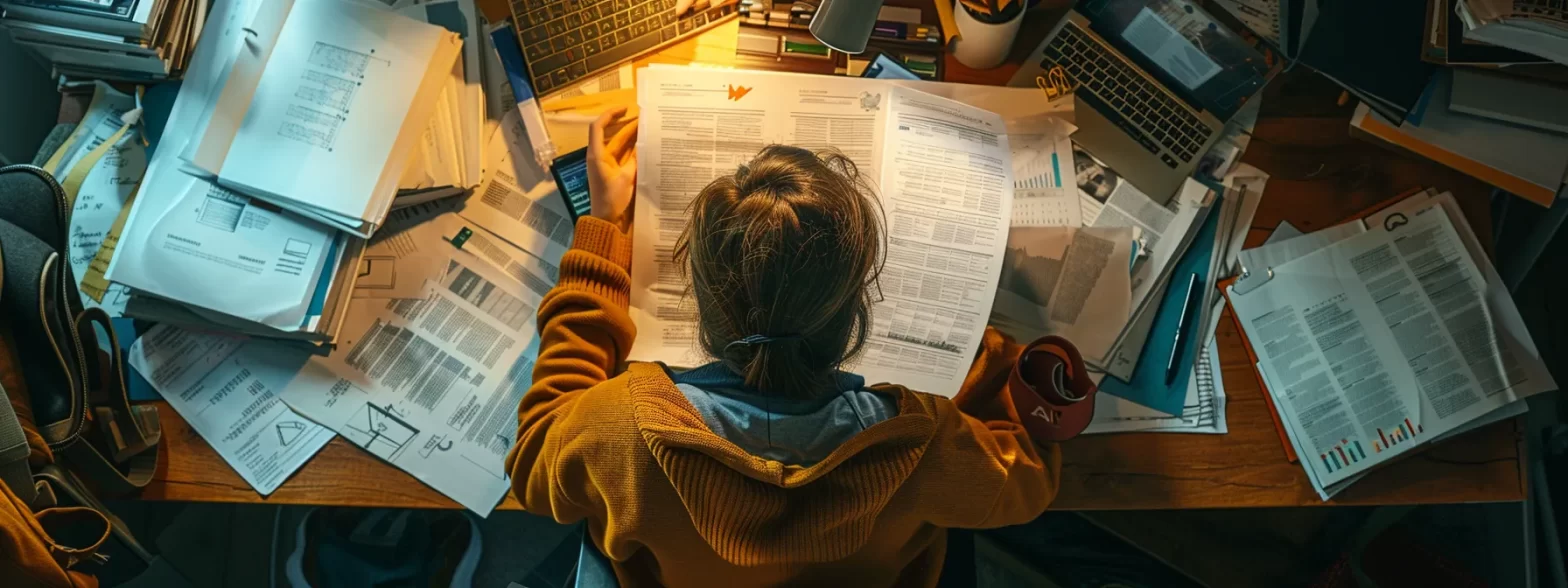 a person carefully reading a detailed marketing plan on a desk cluttered with analytics reports and strategy notes.