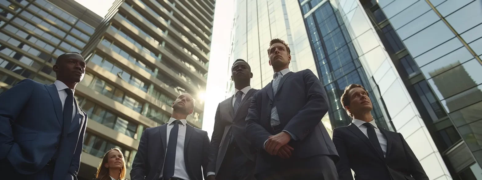 a diverse group of ceos standing confidently in front of a glass skyscraper, symbolizing strength and leadership.