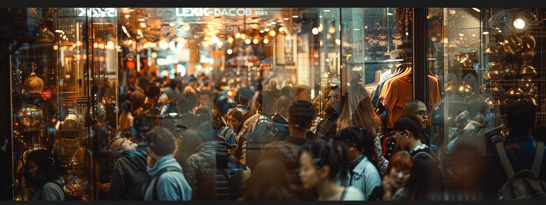 a crowd of eager shoppers clamoring around a store window display filled with black friday deals and discounts.