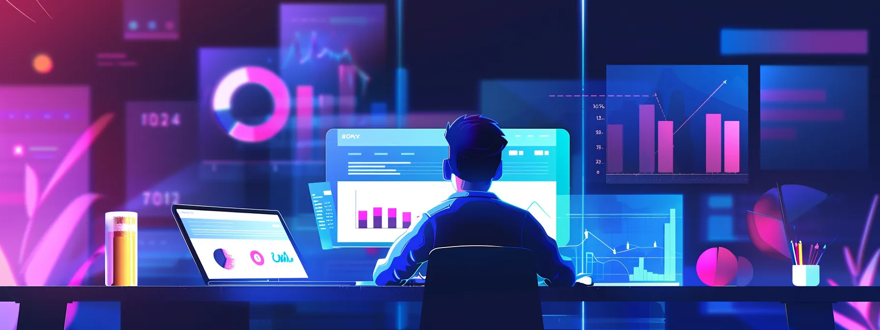 a web developer analyzing a website's technical and on-page seo elements, surrounded by charts and graphs.