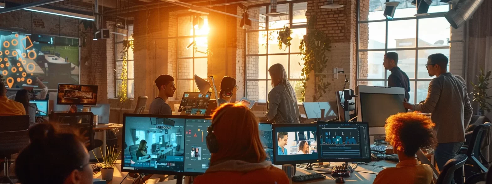 a bustling office with modern computers and vibrant graphics, showcasing the dynamic work environment of an arizona digital marketing agency.