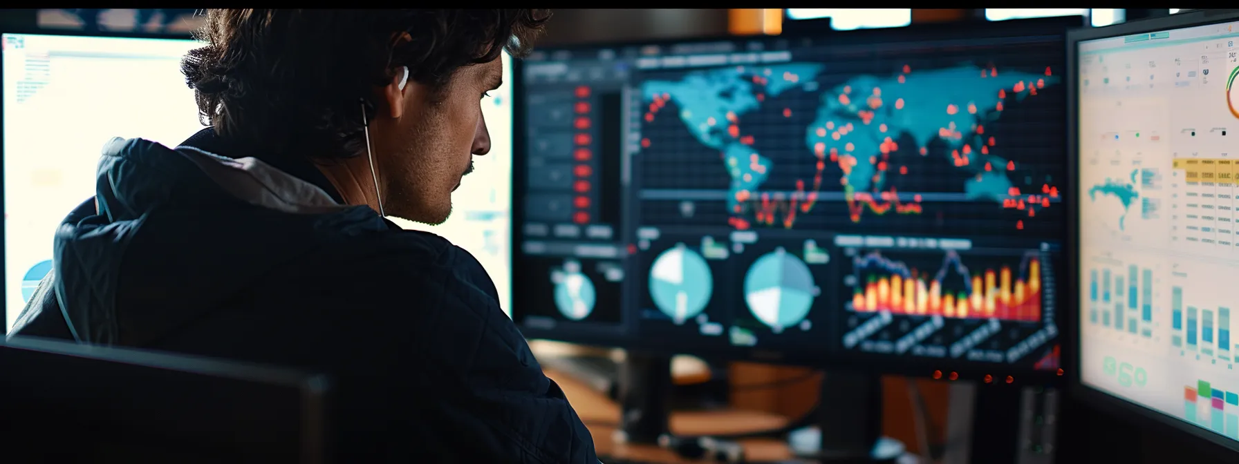 a person closely monitoring a computer screen filled with detailed analytics data, surrounded by charts and graphs, adjusting a seo campaign strategy.