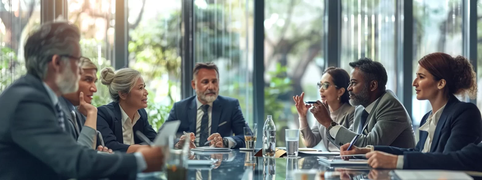 a group of diverse business executives gathered around a conference table, engaged in a lively discussion while brainstorming new growth strategies.