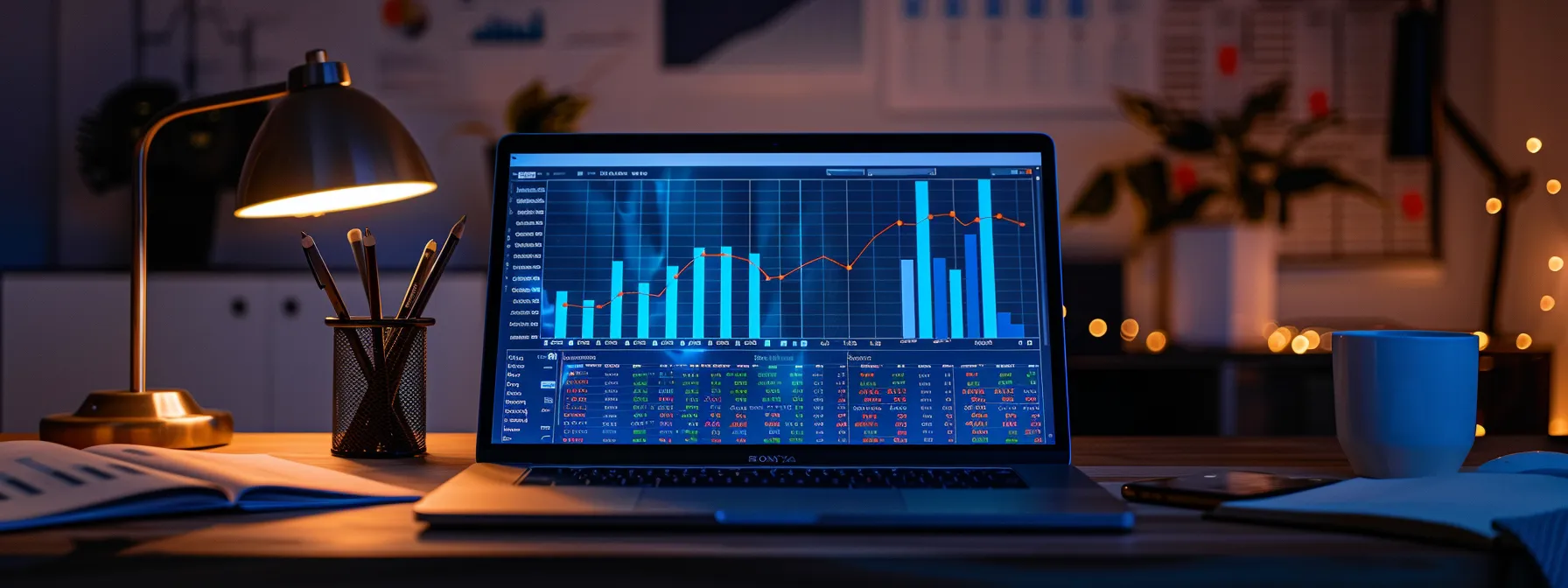 a team of digital marketing experts strategizing around a glowing laptop screen, surrounded by charts and graphs depicting online performance metrics.