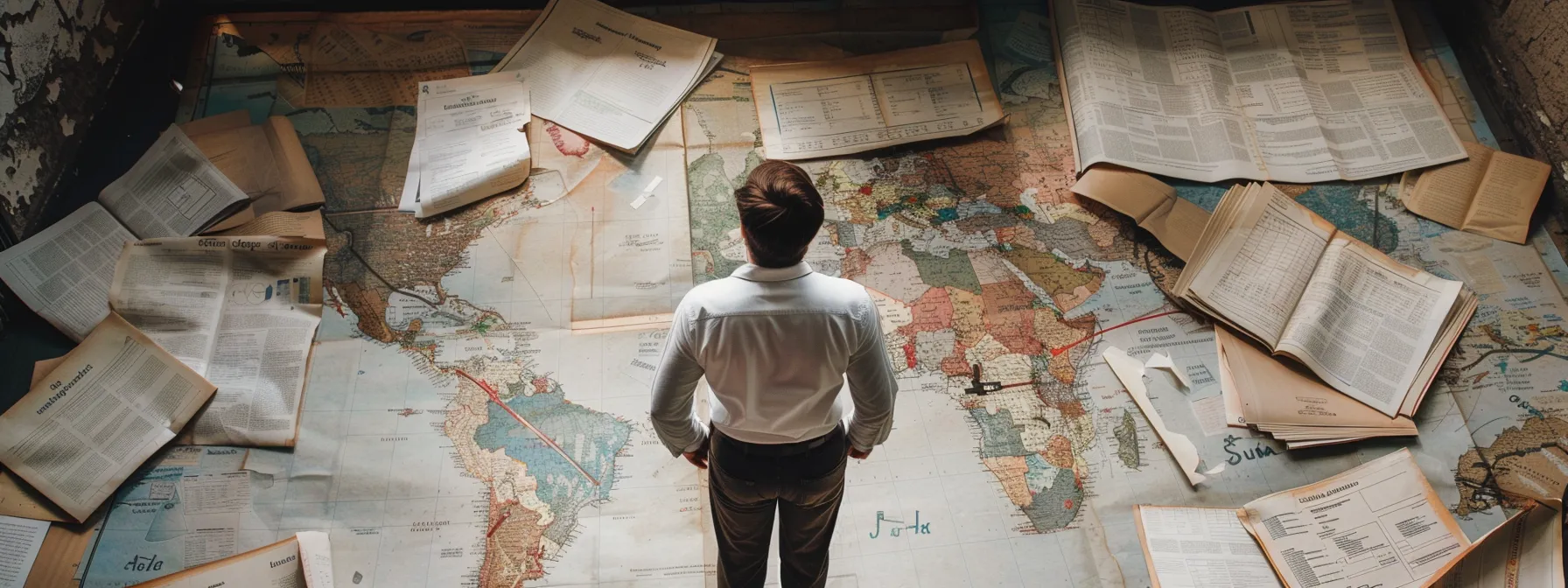 a business owner standing in front of a blank map, surrounded by scattered, outdated market research reports.