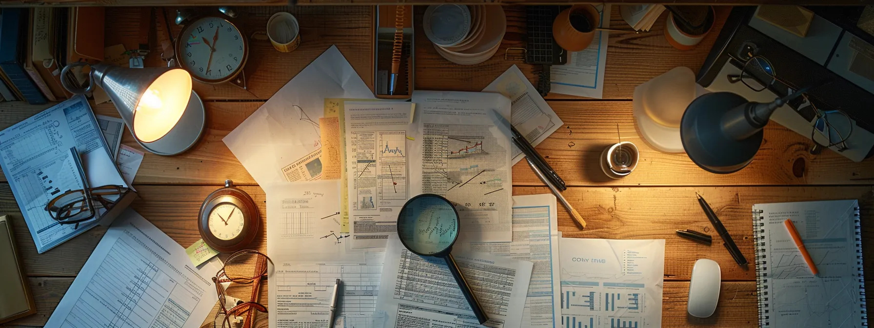 a cluttered desk with scattered papers, outdated charts, and a dusty magnifying glass symbolizing insufficient measurement and analytics in marketing.