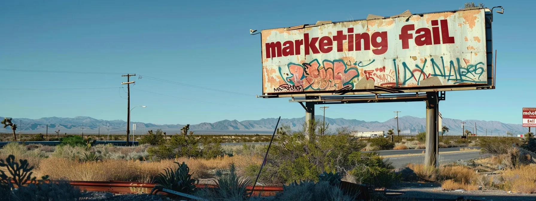 a deserted billboard covered in graffiti that reads "marketing fail" in bold, red letters.