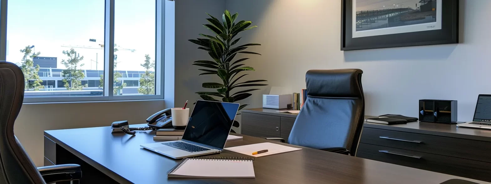 a modern, sleek office desk with a laptop, notepad, and a cup of coffee, showcasing a professional and organized workspace for a strategy agency.