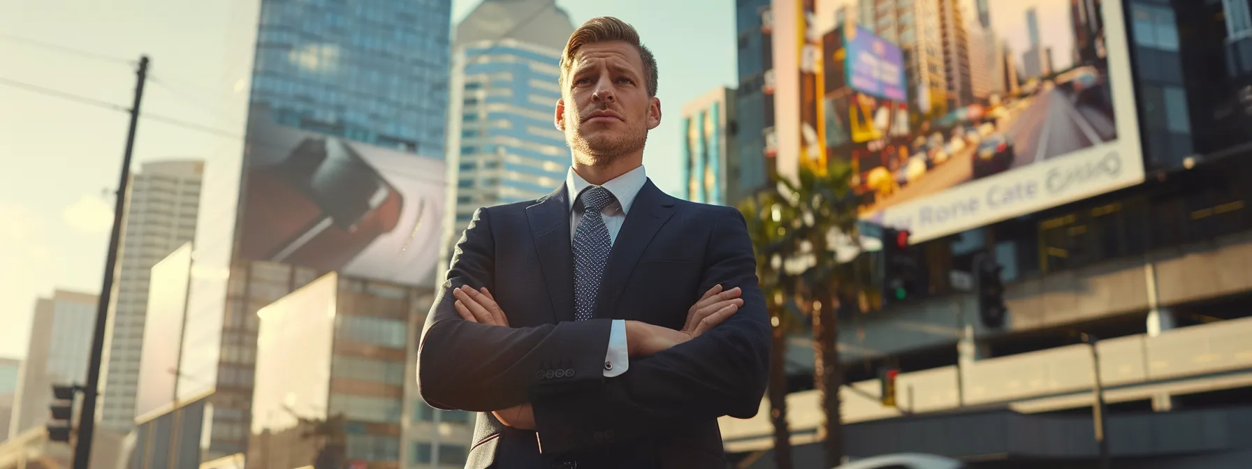 a perplexed businessman standing in front of a billboard with a mismatched message, symbolizing misalignment with target audience needs.