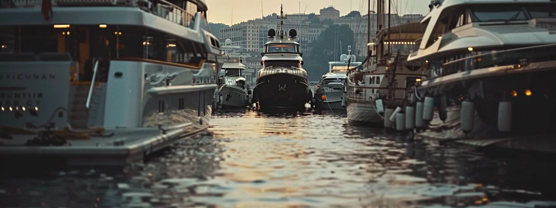 a stagnant boat surrounded by modern, sleek yachts in a bustling harbor.