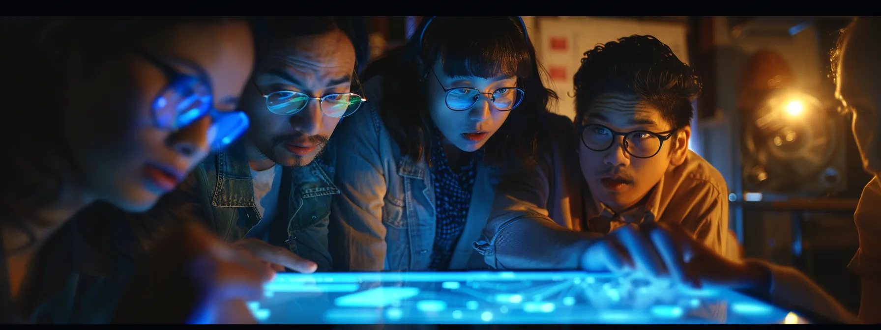 a team of focused professionals huddled around a glowing computer screen, analyzing data and brainstorming creative marketing strategies.