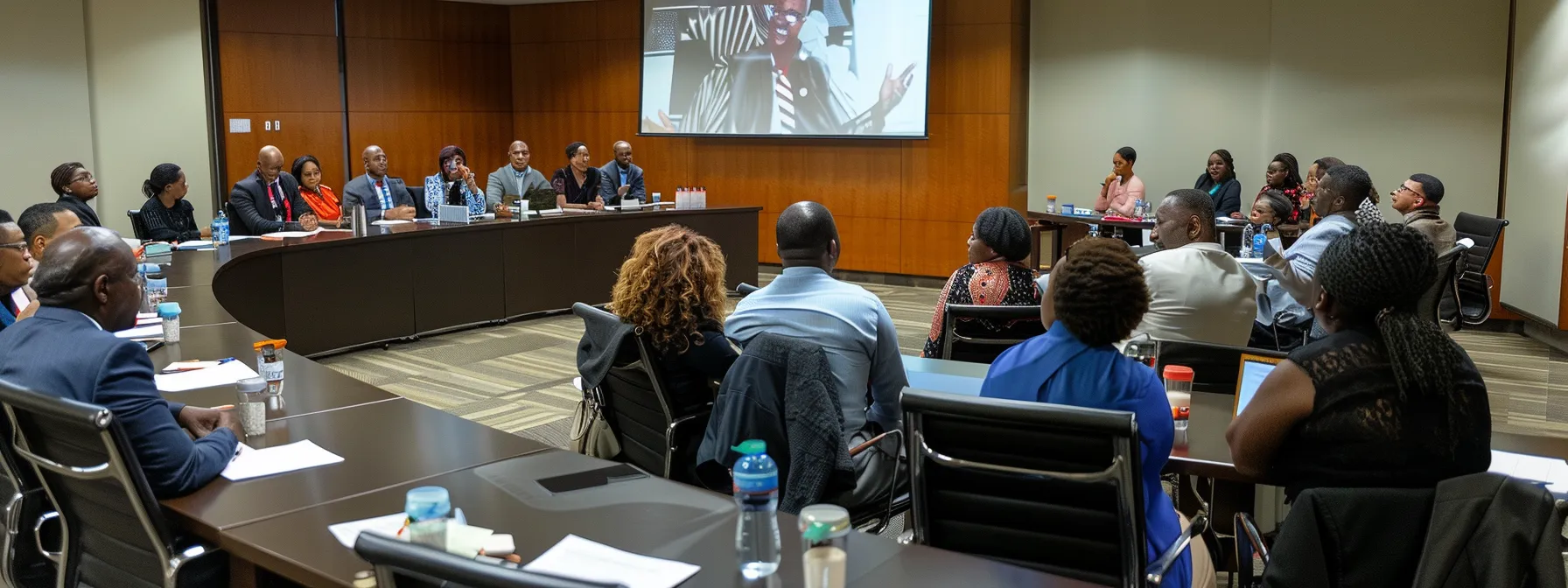 a bustling boardroom filled with diverse professionals, heads bent in discussion, as a fractional content director confidently leads the meeting, exuding expertise and strategic vision.