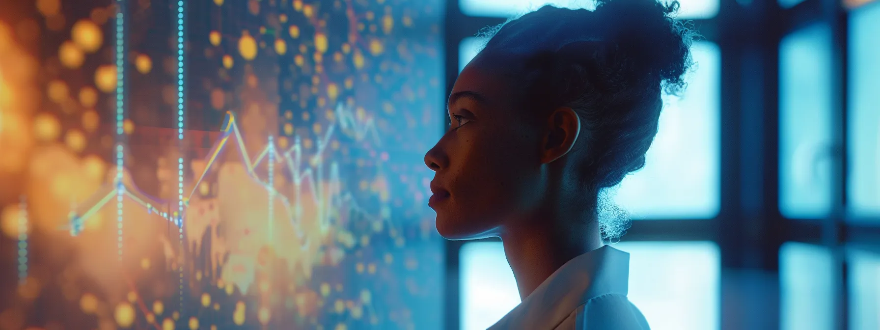 a focused woman leading a dynamic marketing team meeting, strategizing with charts and graphs projected on a large screen in a sleek, modern boardroom.