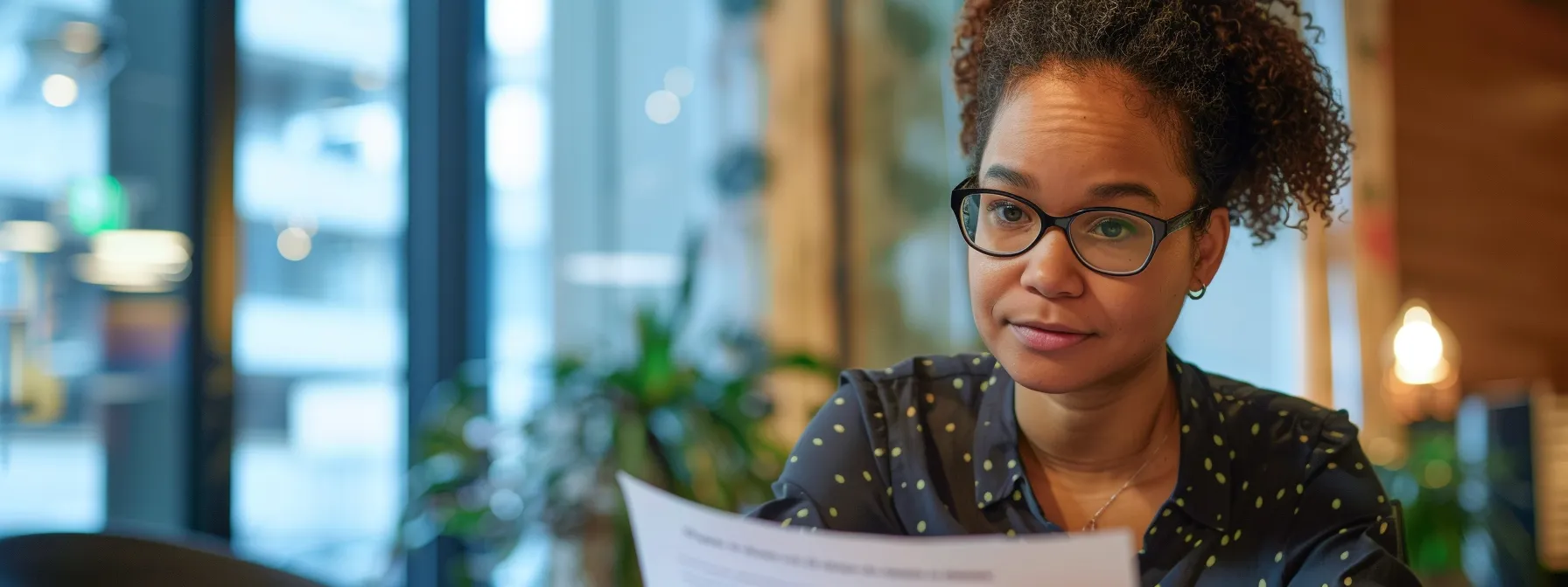 a professional content director in a sleek office reviewing contract agreements with a focused expression.