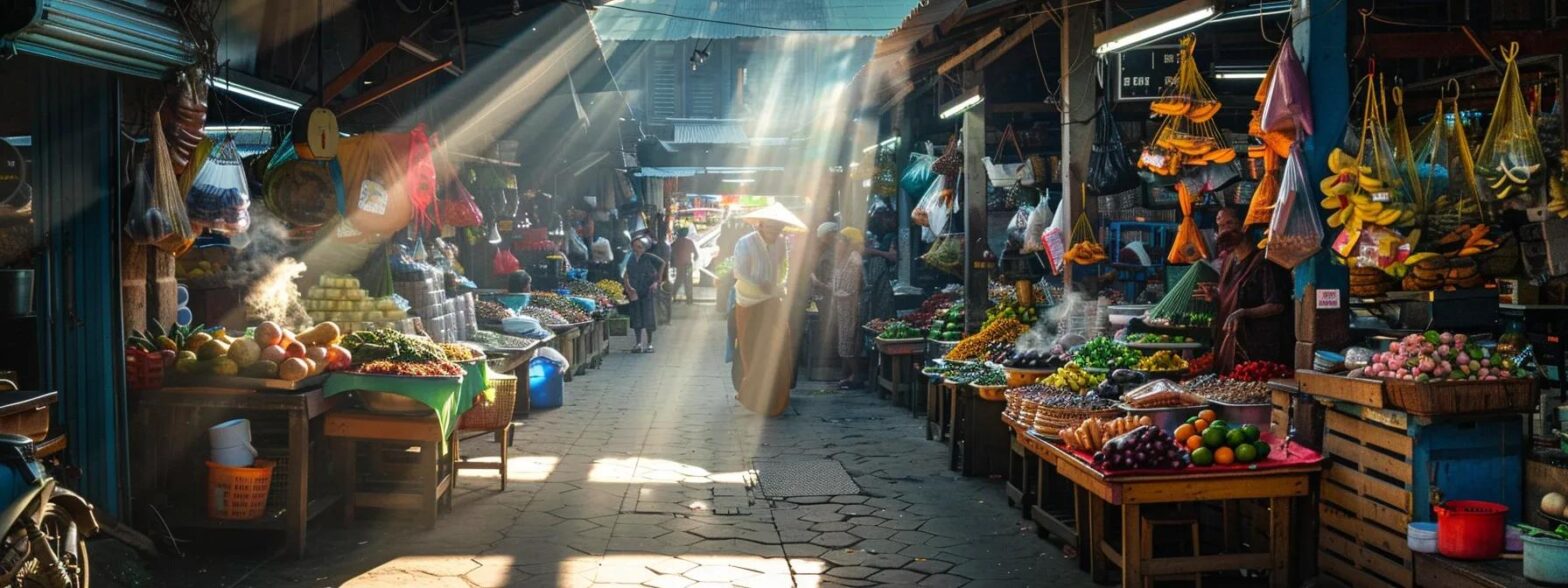 a vibrant, bustling marketplace filled with colorful stalls and enthusiastic vendors, showcasing a rich tapestry of local goods and fresh produce under warm, golden sunlight.