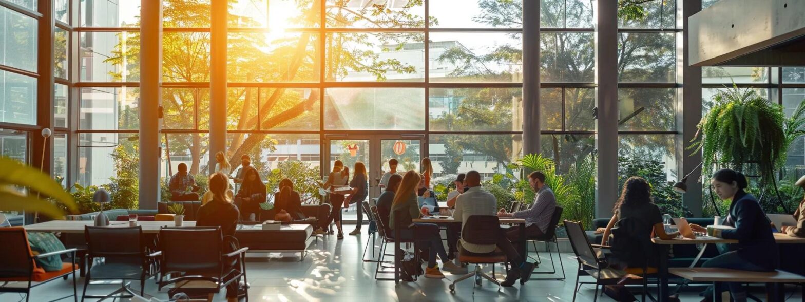 a vibrant, dynamic office environment filled with creative professionals engaged in brainstorming sessions, illuminated by natural light streaming through expansive windows, showcasing a lively atmosphere of collaboration and innovation in agency marketing.