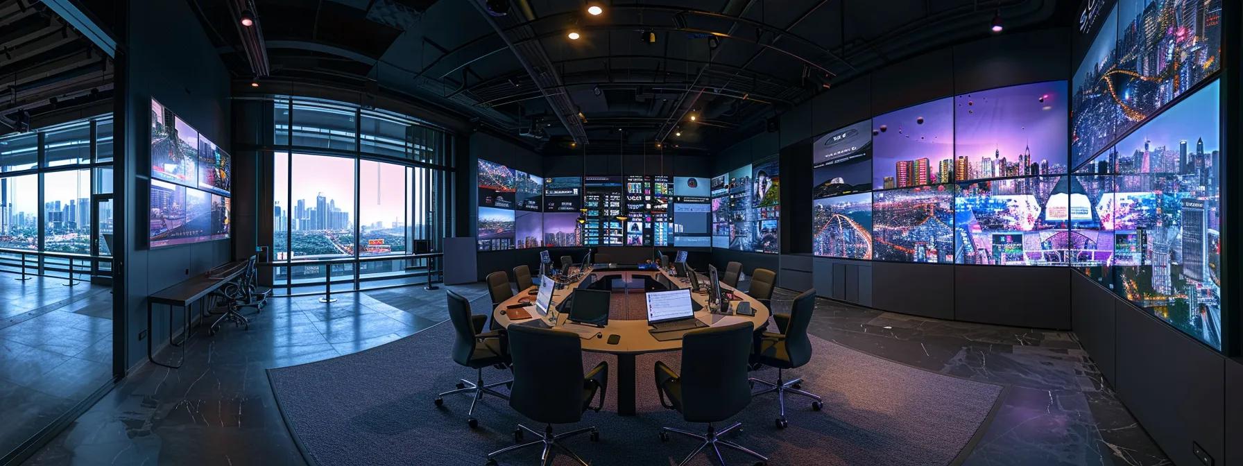 a futuristic office filled with sleek digital displays and advanced ai interfaces, showcasing diverse professionals engaged in strategic discussions about innovative ai technologies driving business growth.