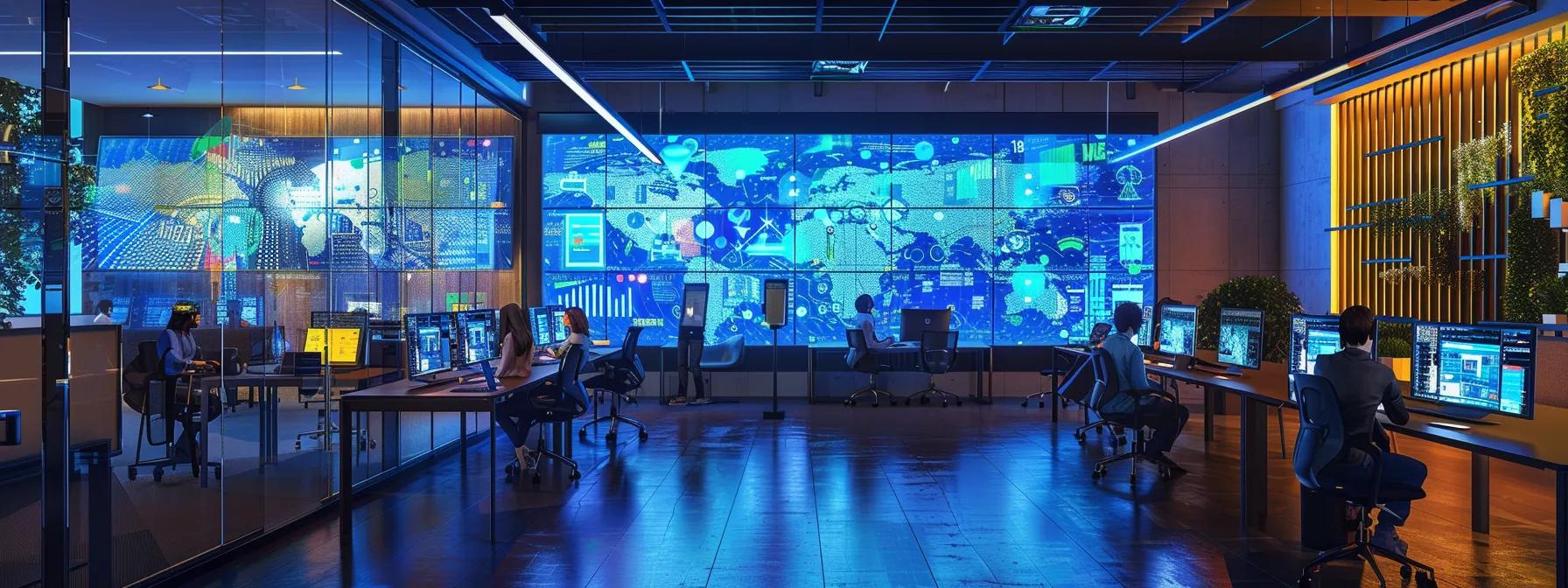 a modern office setting features a diverse team collaboratively analyzing data on sleek digital screens, illuminated by dynamic overhead lighting, emphasizing the strategic integration of ai in business workflows.