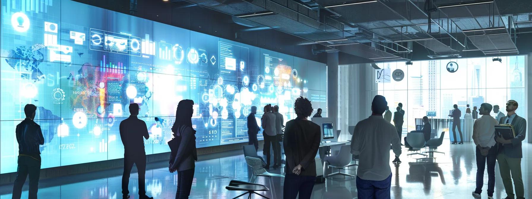 a modern office space teeming with vibrant digital screens displaying real-time analytics and ai interfaces, where diverse professionals engage in collaborative discussions about integrating advanced technology to drive business efficiency and growth.