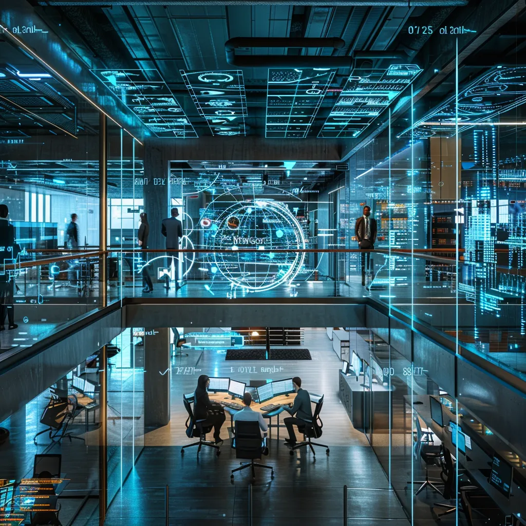 a modern office workspace showcases diverse professionals engaged in a dynamic cybersecurity brainstorming session, surrounded by digital screens displaying intricate data visuals and security analytics.