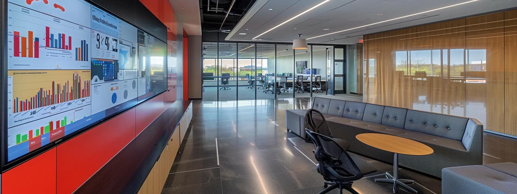 a sleek, modern office environment showcases a large digital dashboard displaying vibrant data visualizations and analytics, symbolizing the transformative power of ai in driving business growth and strategic decision-making.
