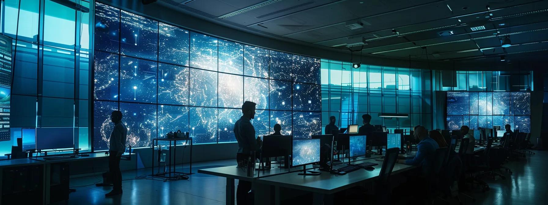 a sleek, modern office space showcases diverse professionals engaged with advanced ai technology on large digital screens, emphasizing innovation and operational efficiency.