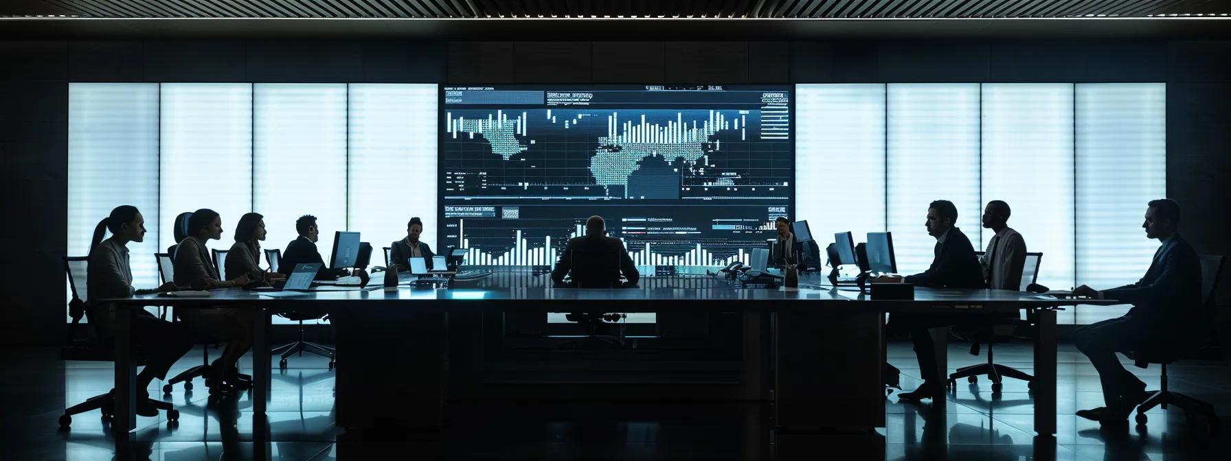a sleek modern office with a large digital dashboard displaying real-time analytics and ai-driven automation workflows, showcasing teams engaged in collaborative discussions around a polished conference table, embodying the future of intelligent business efficiency.