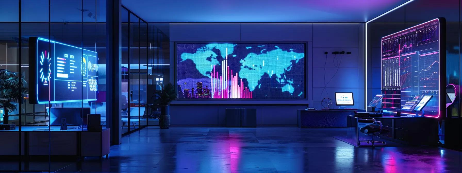 a sleek, modern office workspace filled with advanced ai technology, featuring interactive displays and vibrant digital graphs reflecting business growth strategies on the walls, illuminated by dynamic, colorful led lighting.