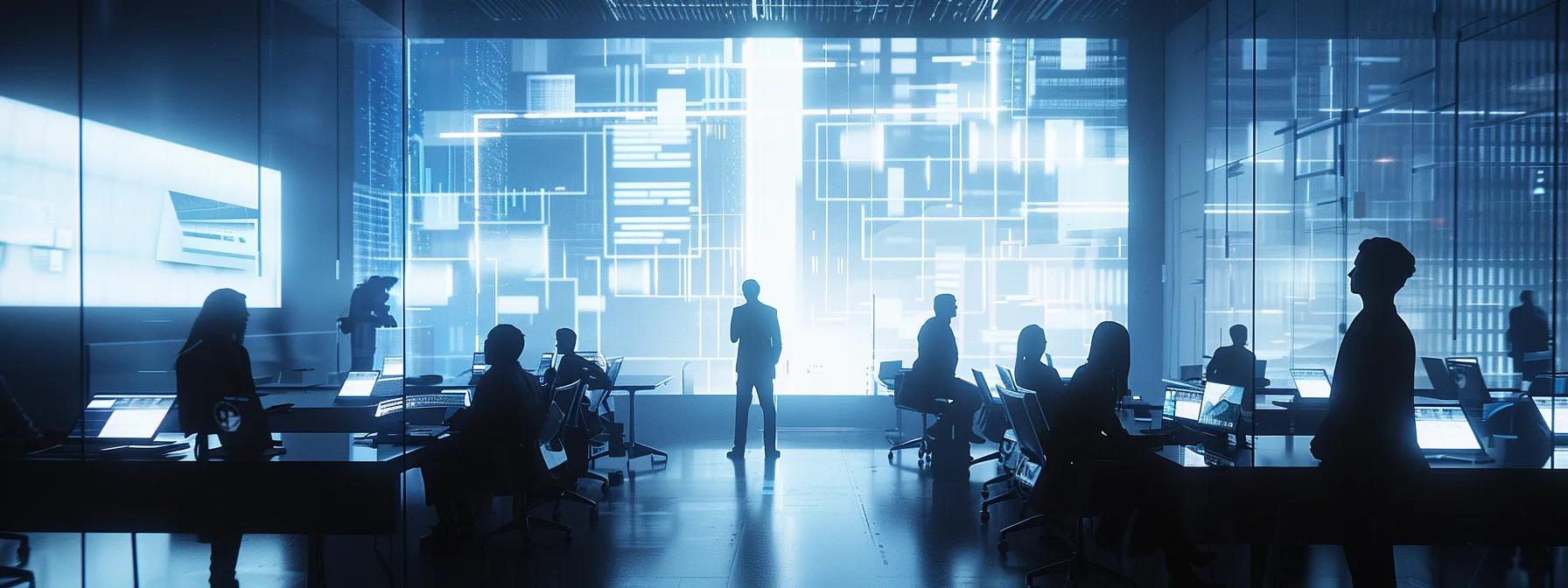 a sleek, modern office workspace filled with diverse small business professionals engaged in animated discussions around tablets and laptops, showcasing the transformative impact of ai tools on their strategic operations and efficiency.