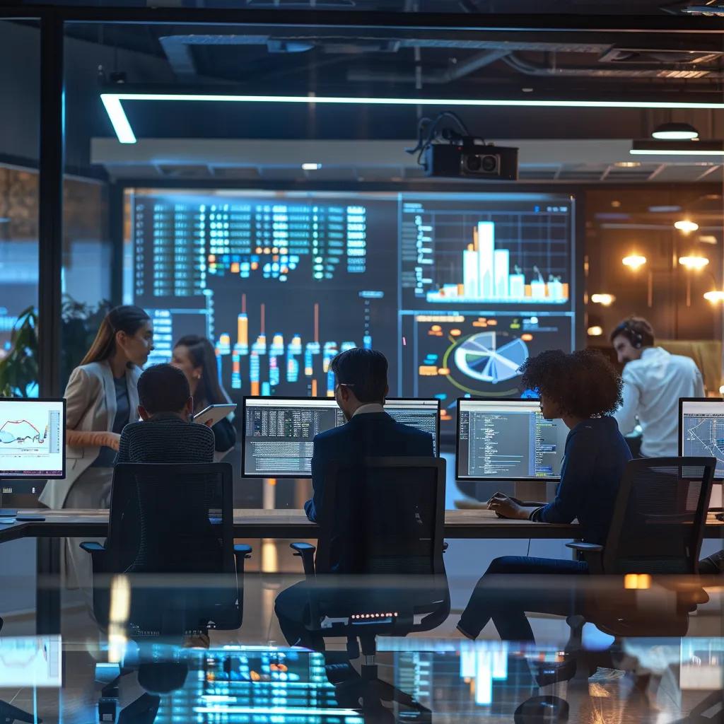 Dynamic office environment with professionals analyzing data on multiple screens, showcasing AI web development tools and analytics in action.