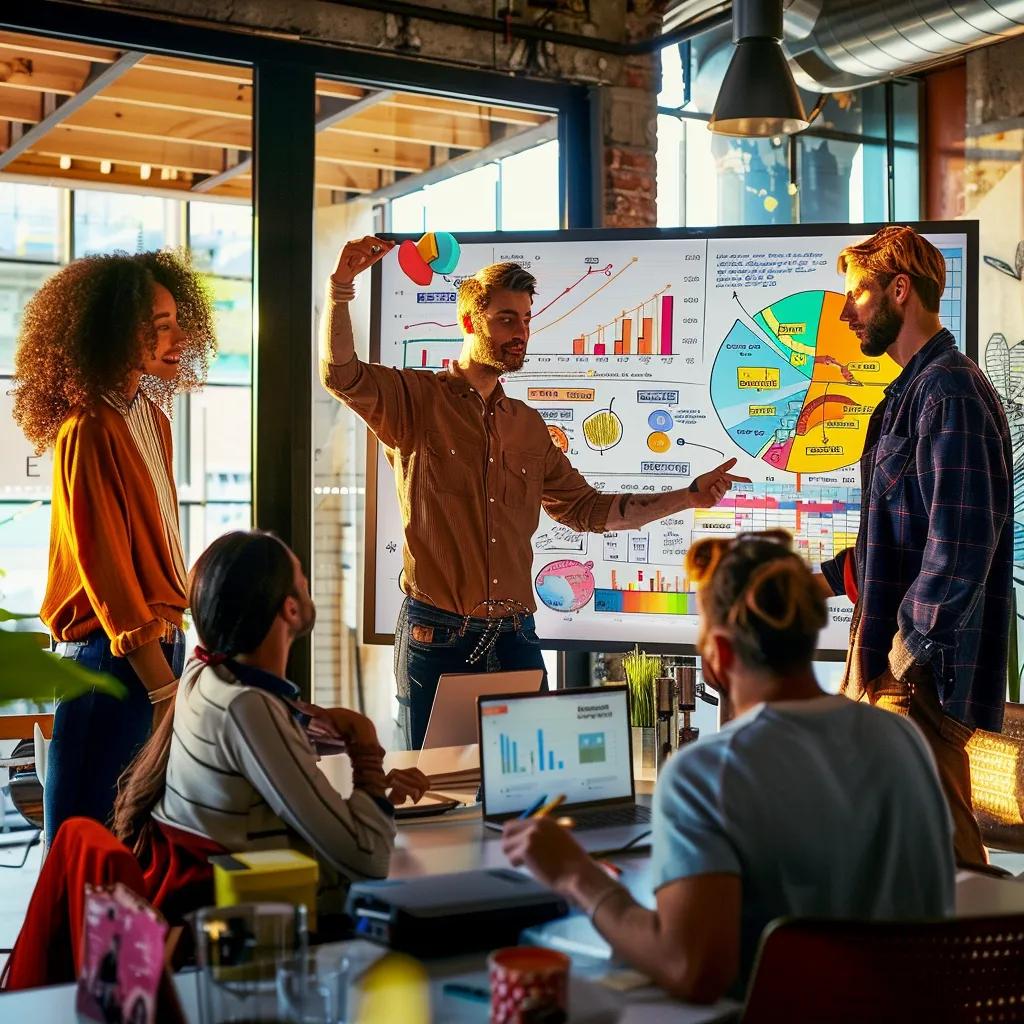 Group of diverse professionals collaborating in a modern office, analyzing colorful charts and graphs on a presentation screen, discussing strategies for e-commerce growth during Amazon Prime Day.