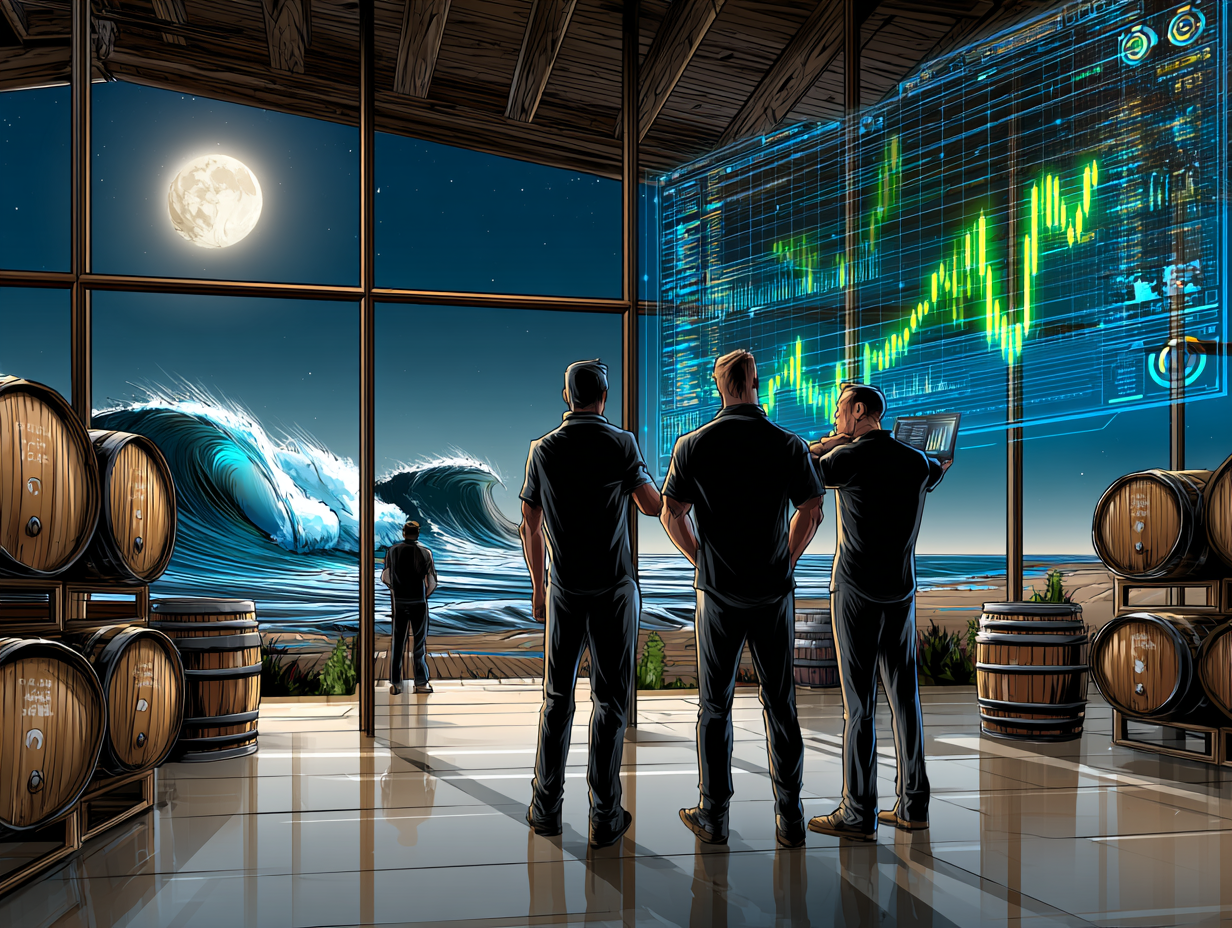 Three professionals in black shirts observing a digital marketing analytics screen displaying upward trends, with ocean waves and a moonlit sky in the background, symbolizing strategic growth and business insights.
