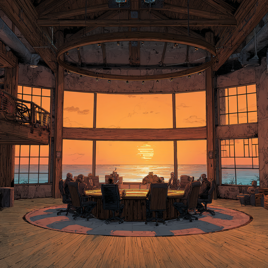 Boardroom meeting with professionals discussing strategies, sunset view over the ocean, emphasizing business growth and exit strategies.