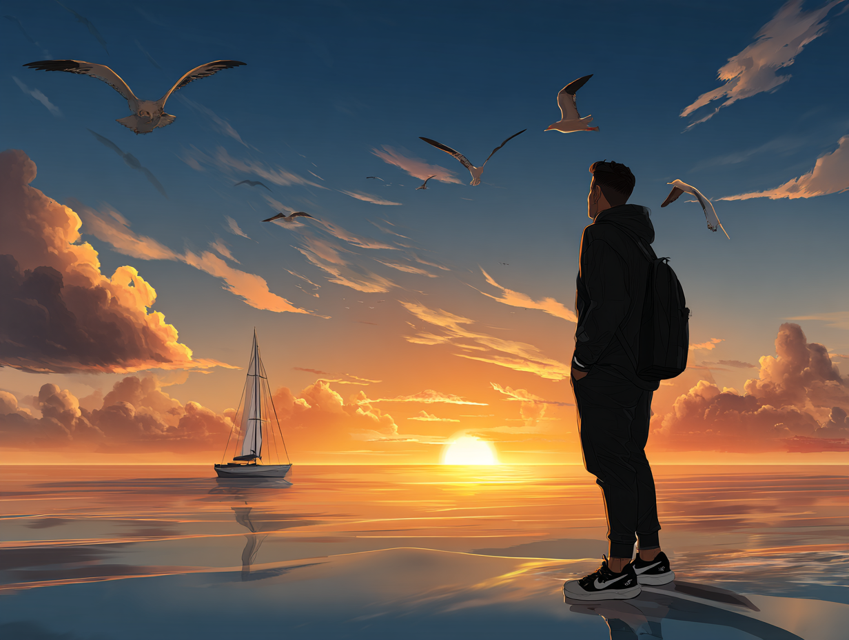 Sailboat on calm waters at sunset with a person standing on the shore, observing seagulls flying overhead, symbolizing growth and exploration in marketing strategies.