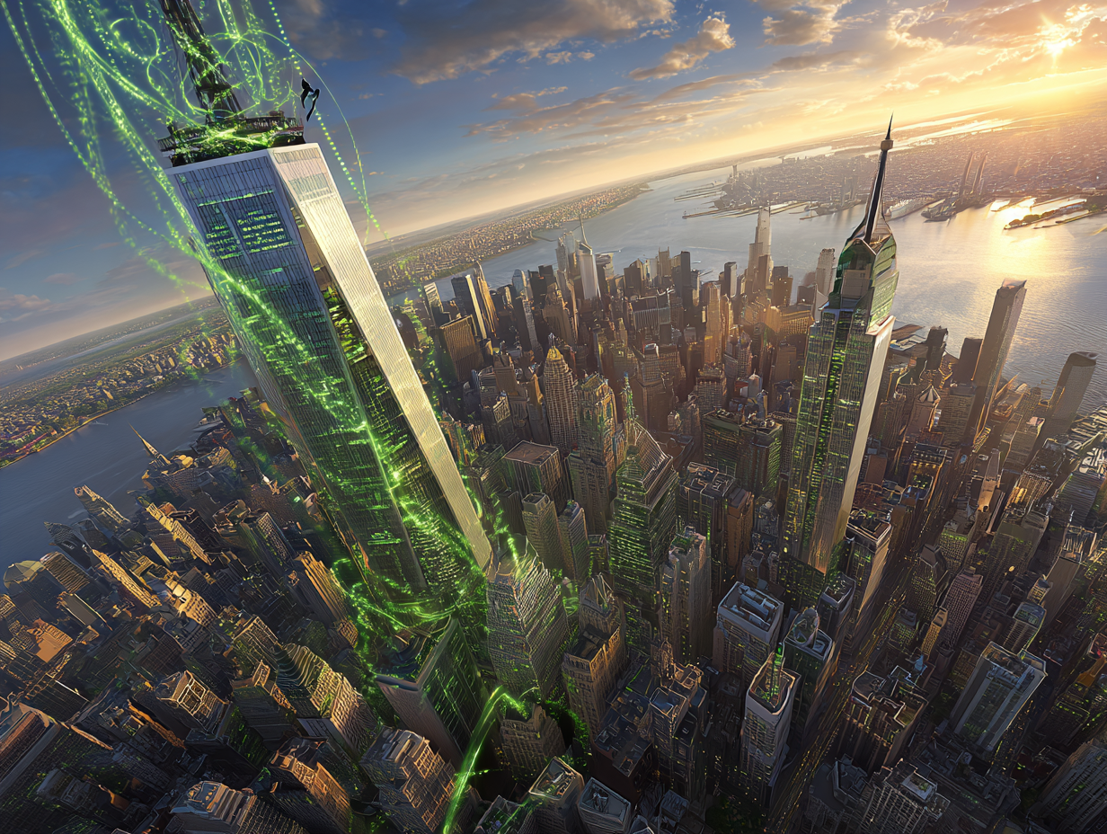 Aerial view of a futuristic city skyline featuring the One World Trade Center and Empire State Building, with digital green lines symbolizing marketing systems and growth strategies, reflecting Whiskey River Media's focus on intelligent marketing solutions.