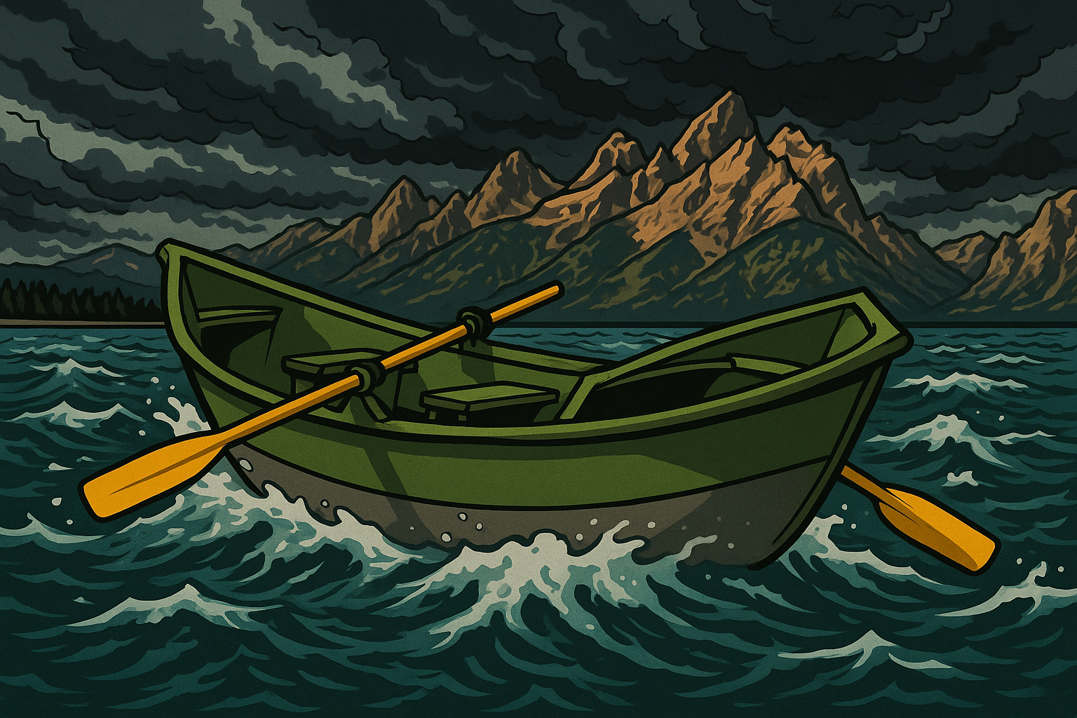 Rowboat navigating turbulent waters with mountains in the background, symbolizing resilience and adventure in Jackson Hole, Wyoming, reflecting the origin story of Whiskey River Media.