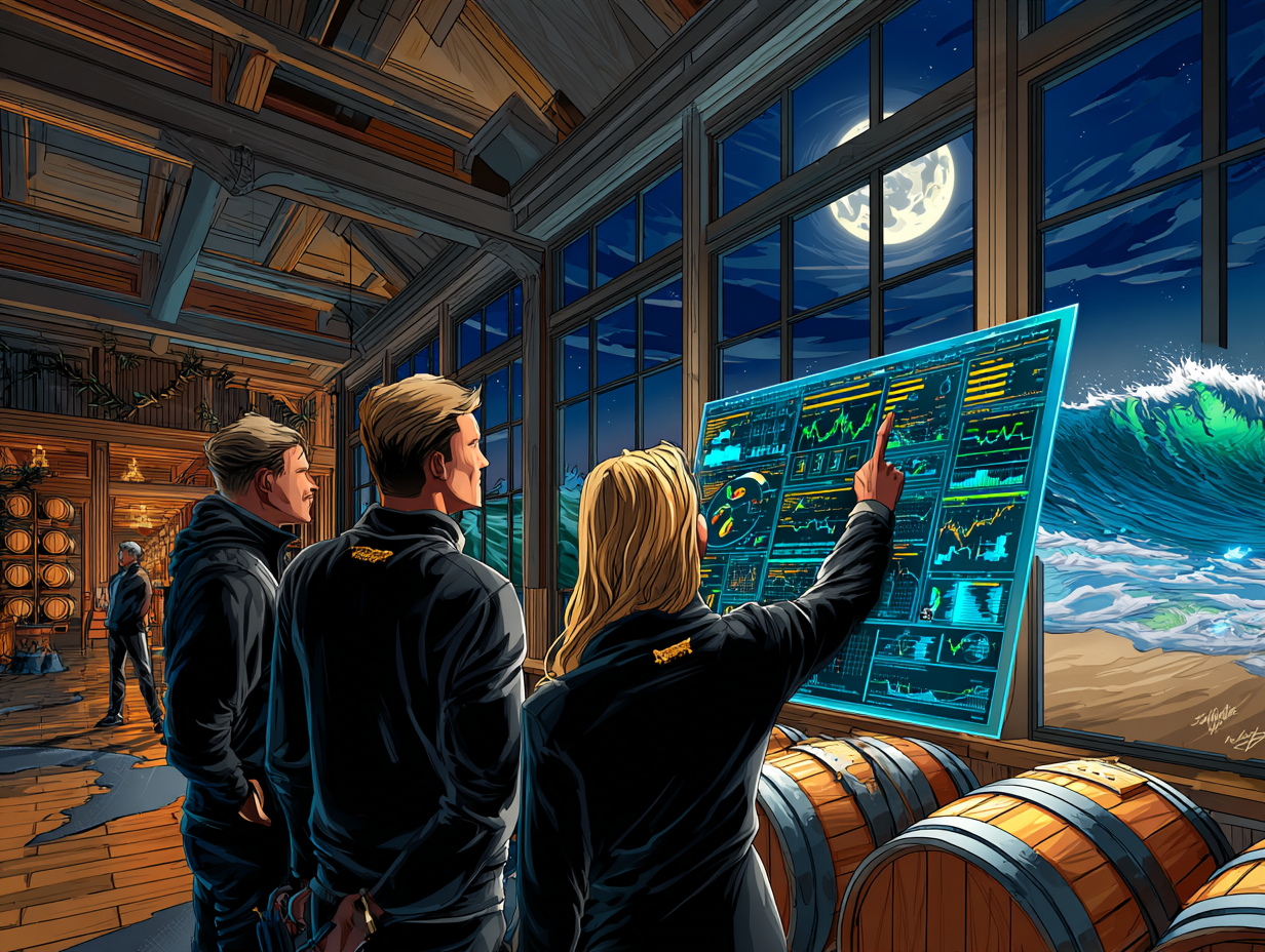 Group of marketing experts analyzing data on a digital screen, showcasing growth strategies in a coastal setting with barrels in the foreground.